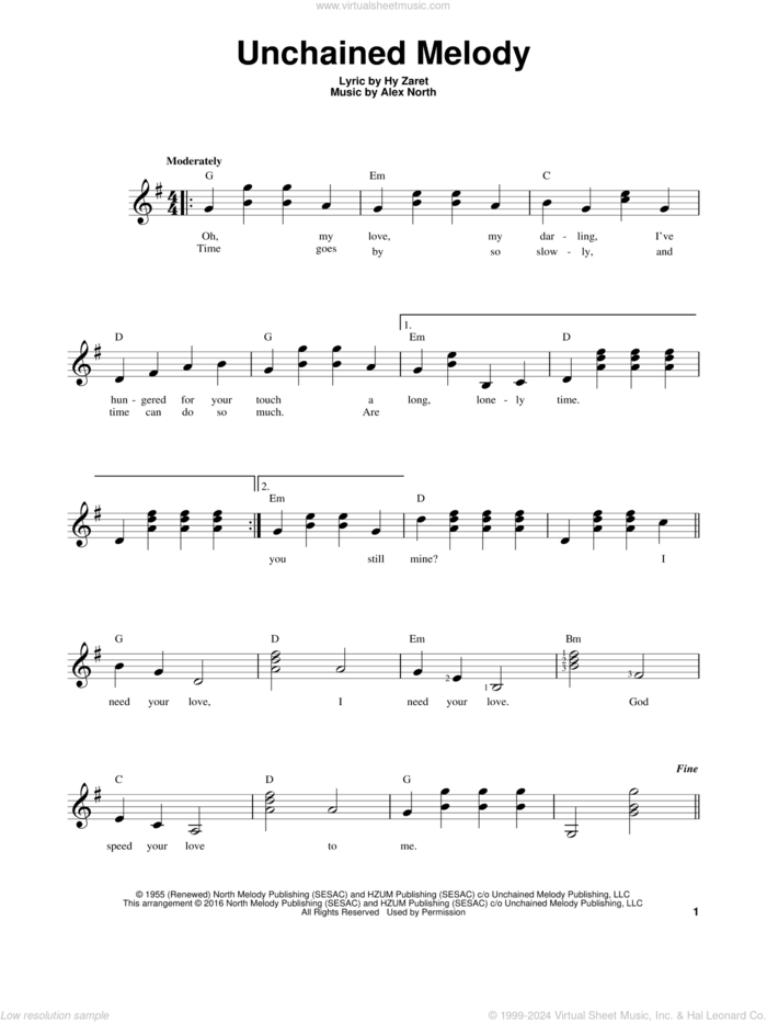 Unchained Melody sheet music for guitar solo (chords) by The Righteous Brothers, wedding score, easy guitar (chords)