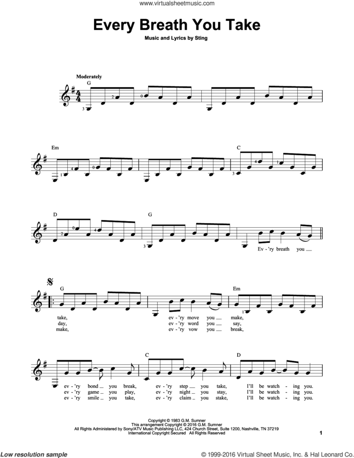 Every Breath You Take sheet music for guitar solo (chords) by The Police and Sting, easy guitar (chords)