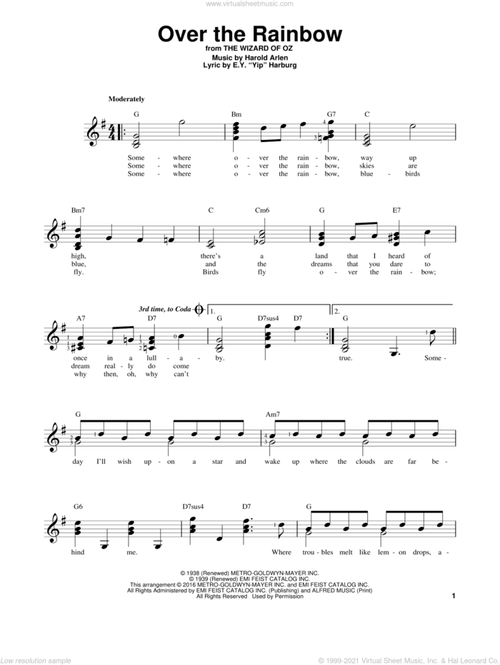 Over The Rainbow sheet music for guitar solo (chords) by Harold Arlen and E.Y. Harburg, easy guitar (chords)