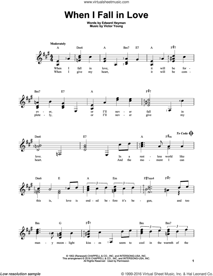 When I Fall In Love sheet music for guitar solo (chords) by The Lettermen, Carpenters and Victor Young, easy guitar (chords)