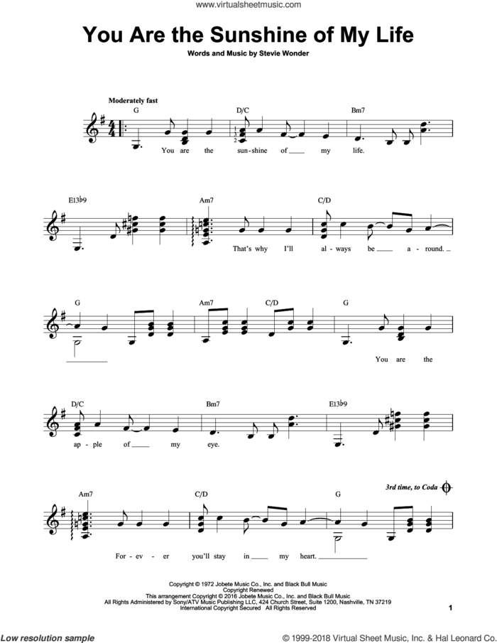 You Are The Sunshine Of My Life sheet music for guitar solo (chords) by Stevie Wonder, easy guitar (chords)
