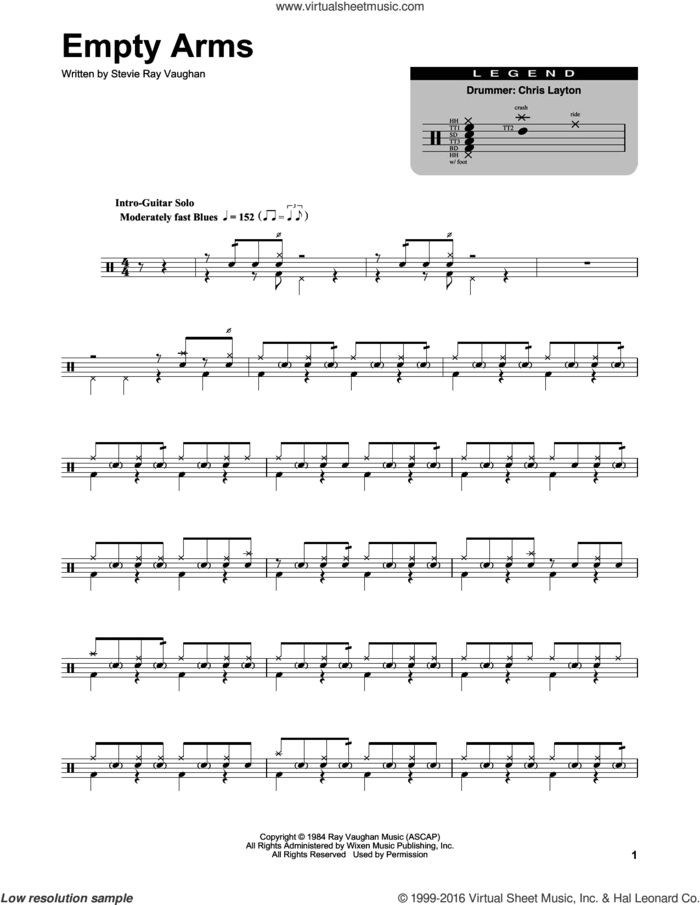 Empty Arms sheet music for drums by Stevie Ray Vaughan, intermediate skill level