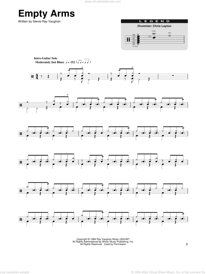 Empty Arms sheet music for drums by Stevie Ray Vaughan, intermediate skill level