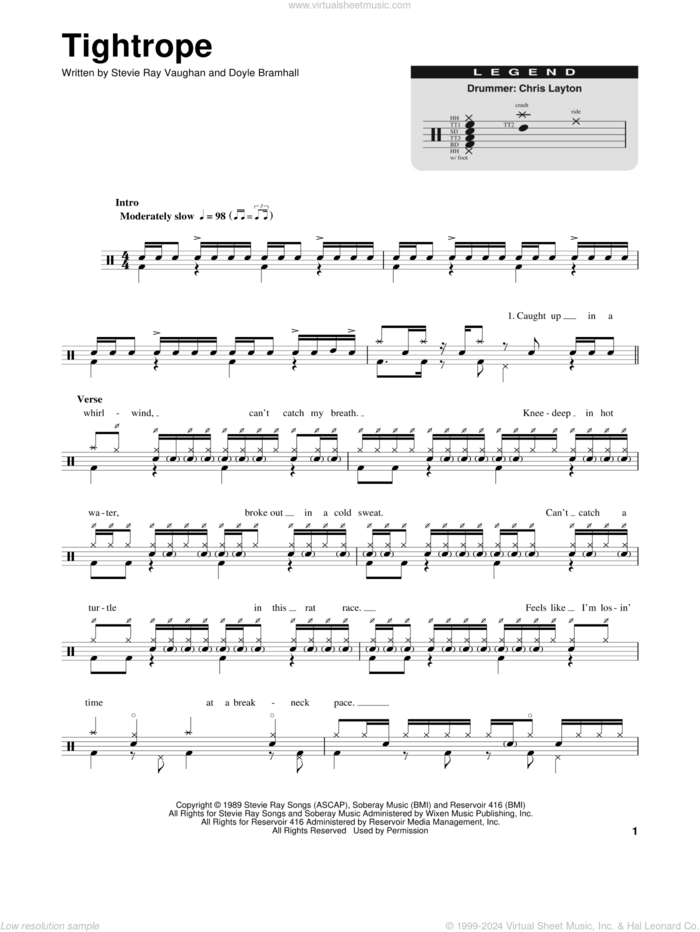 Tightrope sheet music for drums by Stevie Ray Vaughan and Doyle Bramhall, intermediate skill level