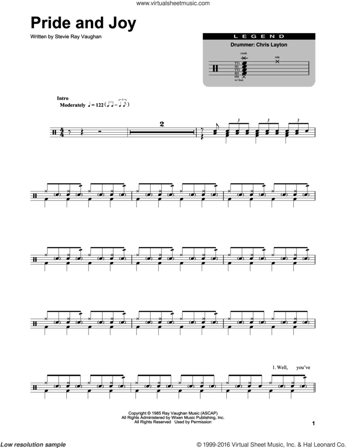 Pride And Joy sheet music for drums by Stevie Ray Vaughan, intermediate skill level