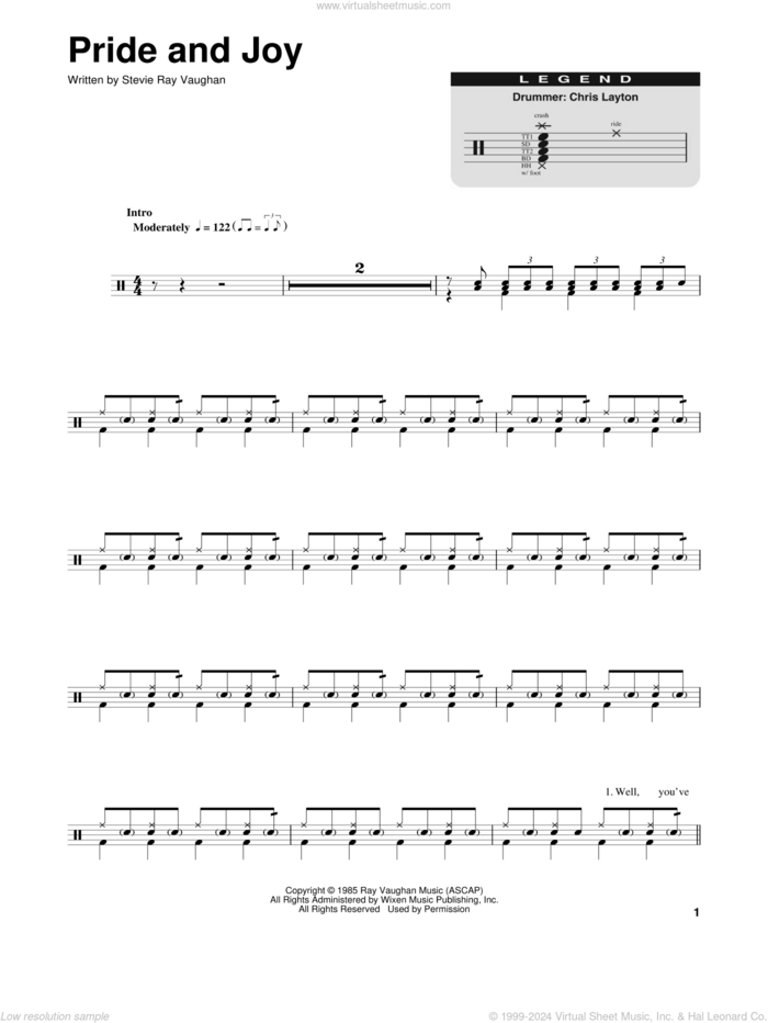 Pride And Joy sheet music for drums by Stevie Ray Vaughan, intermediate skill level