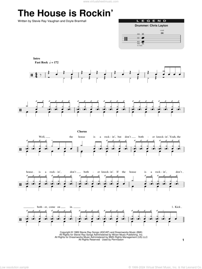 The House Is Rockin' sheet music for drums by Stevie Ray Vaughan and Doyle Bramhall, intermediate skill level