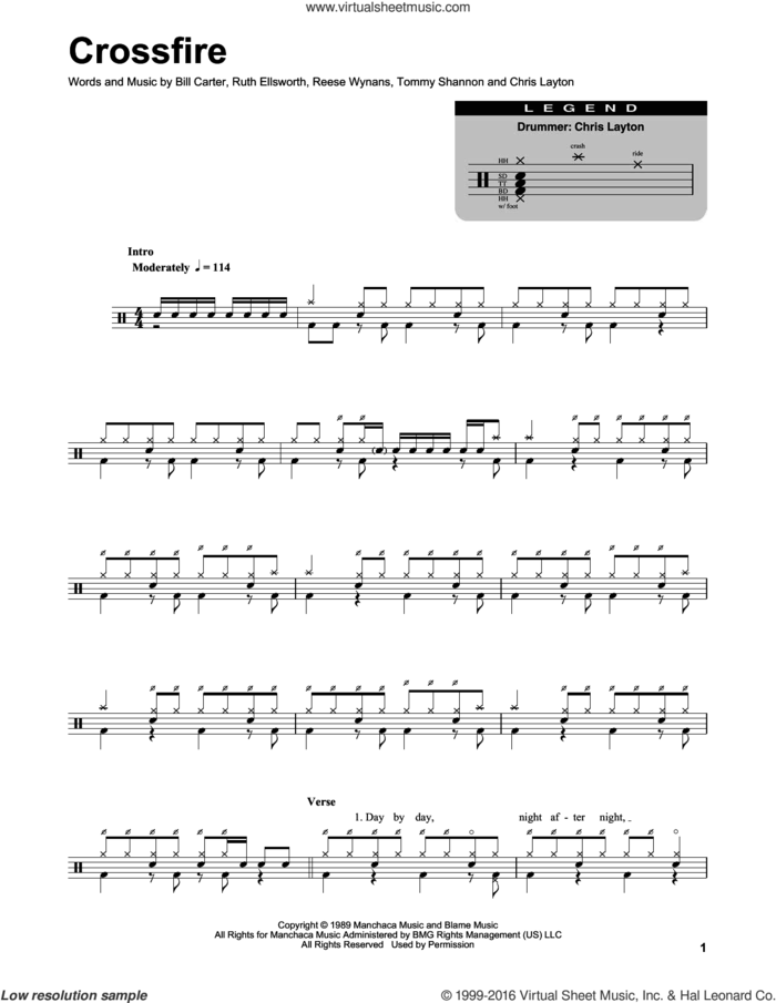 Crossfire sheet music for drums by Stevie Ray Vaughan, Bill Carter, Chris Layton, Reese Wynans, Ruth Ellsworth and Tommy Shannon, intermediate skill level