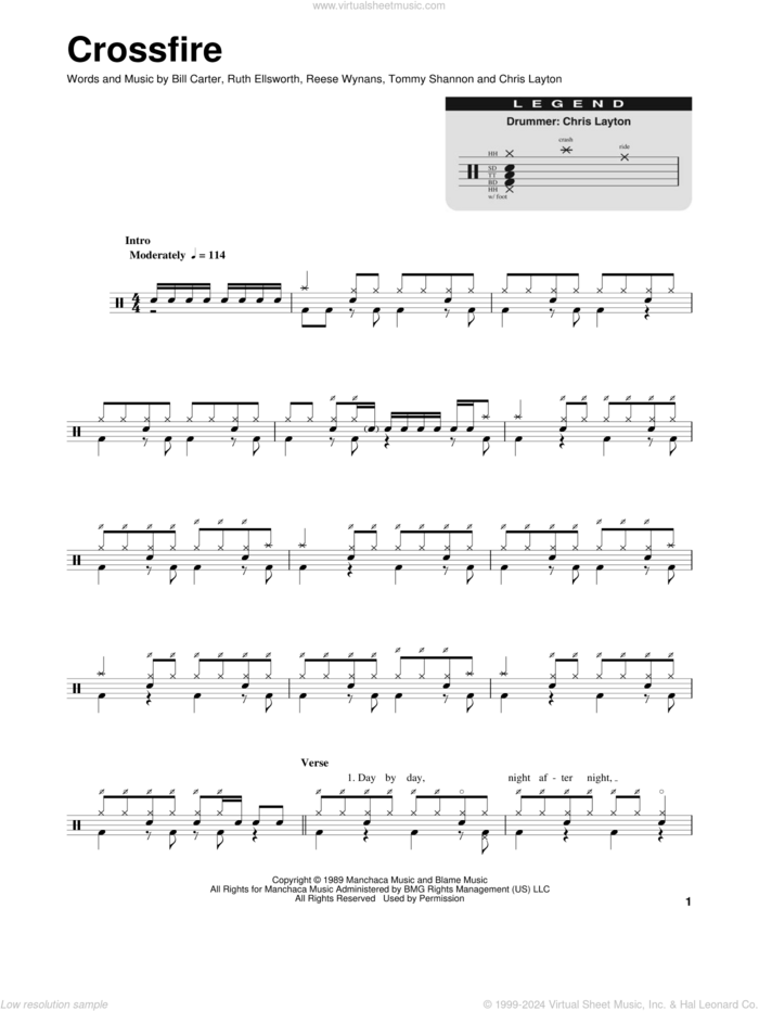 Crossfire sheet music for drums by Stevie Ray Vaughan, Bill Carter, Chris Layton, Reese Wynans, Ruth Ellsworth and Tommy Shannon, intermediate skill level