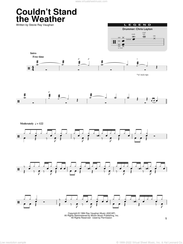 Couldn't Stand The Weather sheet music for drums by Stevie Ray Vaughan, intermediate skill level