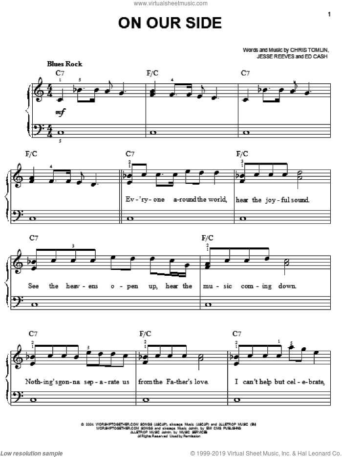 On Our Side sheet music for piano solo by Chris Tomlin, Ed Cash and Jesse Reeves, easy skill level
