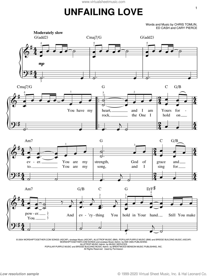 Unfailing Love sheet music for piano solo by Chris Tomlin, Cary Pierce and Ed Cash, easy skill level