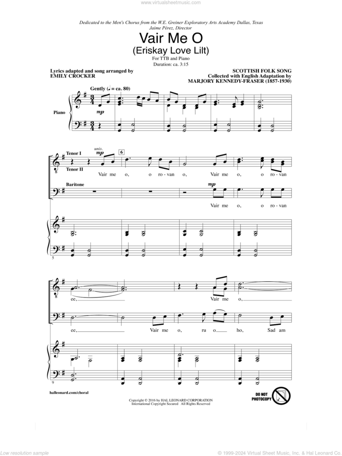 Vair Me O (Eriskay Love Lilt) sheet music for choir (TTBB: tenor, bass) by Scottish Folk Song, Emily Crocker and Marjory Kennedy-Fraser, intermediate skill level