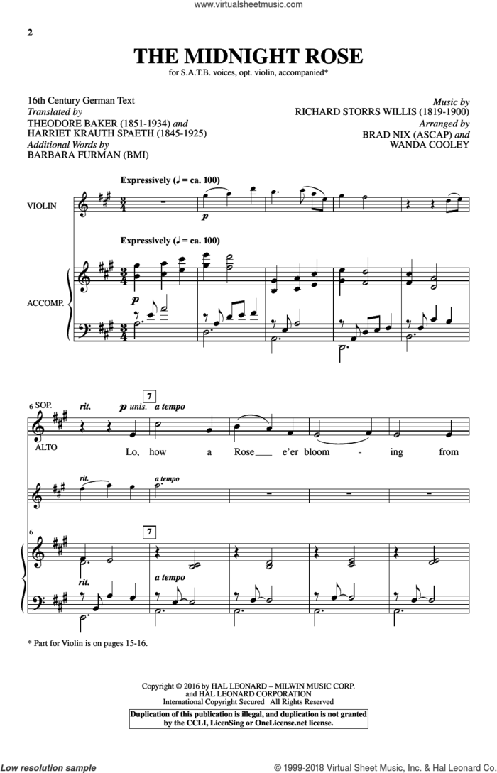 The Midnight Rose sheet music for choir (SATB: soprano, alto, tenor, bass) by Richard Storrs Willis, Brad Nix, Wanda Cooley, Harriet Krauth Spaeth and Theodore Baker, intermediate skill level