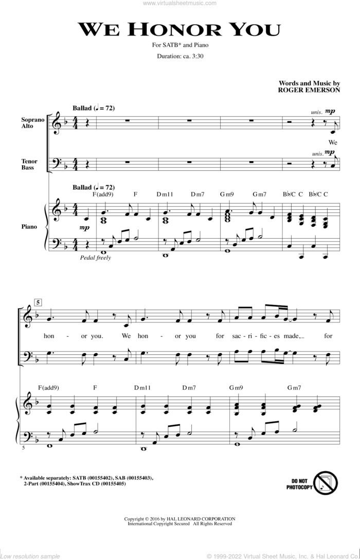 We Honor You sheet music for choir (SATB: soprano, alto, tenor, bass) by Roger Emerson, intermediate skill level