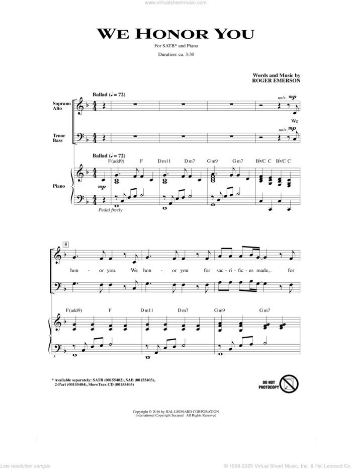 We Honor You sheet music for choir (SATB: soprano, alto, tenor, bass) by Roger Emerson, intermediate skill level