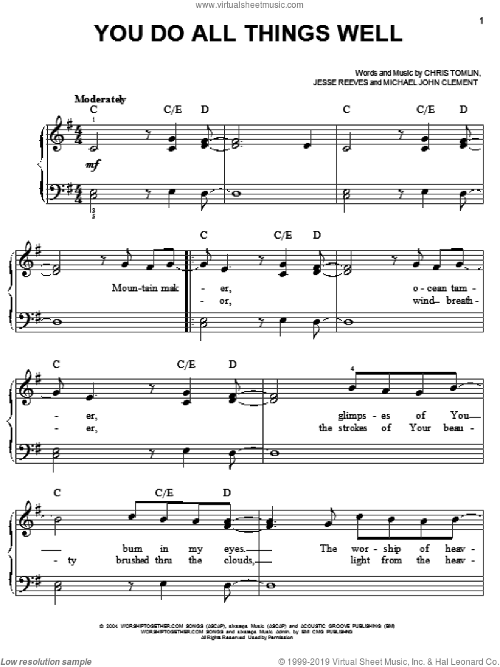 You Do All Things Well sheet music for piano solo by Chris Tomlin, Jesse Reeves and Michael John CLement, easy skill level