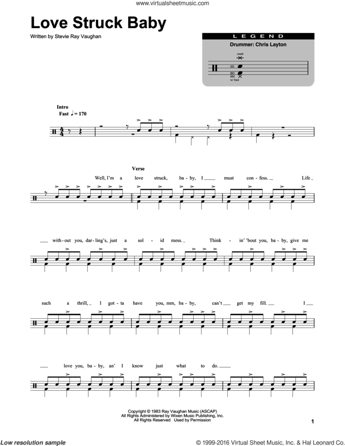 Love Struck Baby sheet music for drums by Stevie Ray Vaughan, intermediate skill level