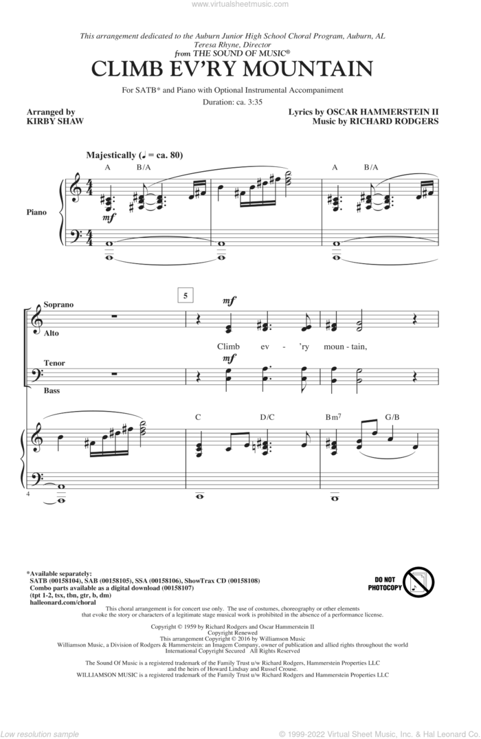 Climb Ev'ry Mountain (from The Sound of Music) (arr. Kirby Shaw) sheet music for choir (SATB: soprano, alto, tenor, bass) by Richard Rodgers, Kirby Shaw, Margery McKay, Patricia Neway, Rodgers & Hammerstein, Tony Bennett and Oscar II Hammerstein, intermediate skill level