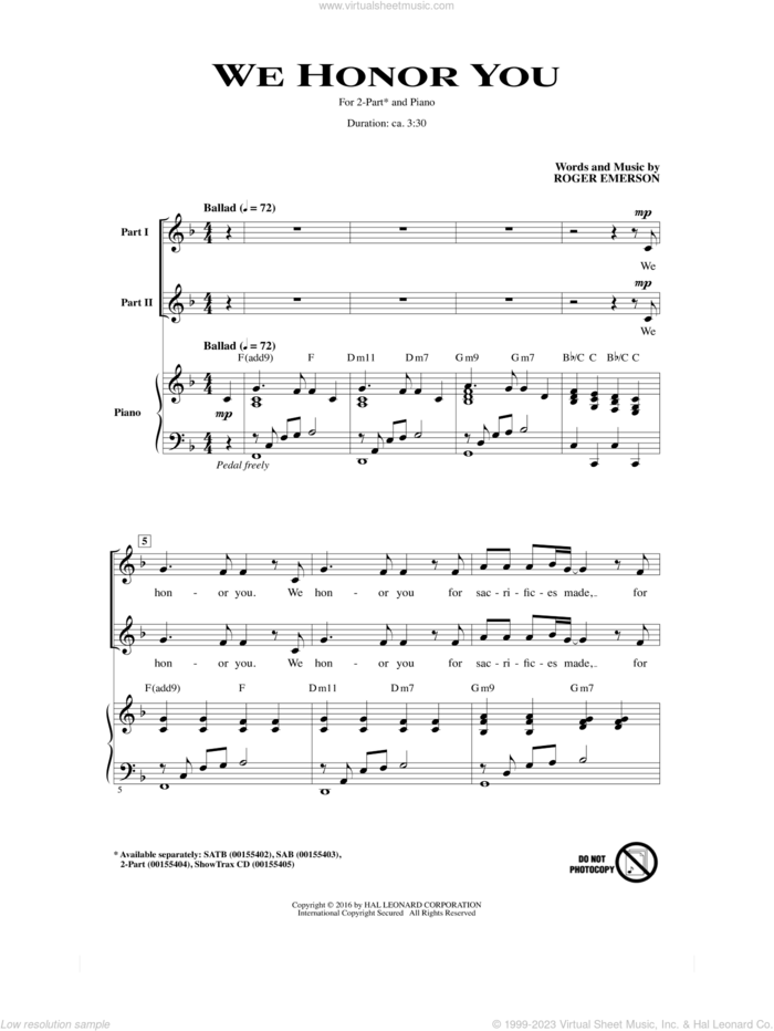 We Honor You sheet music for choir (2-Part) by Roger Emerson, intermediate duet