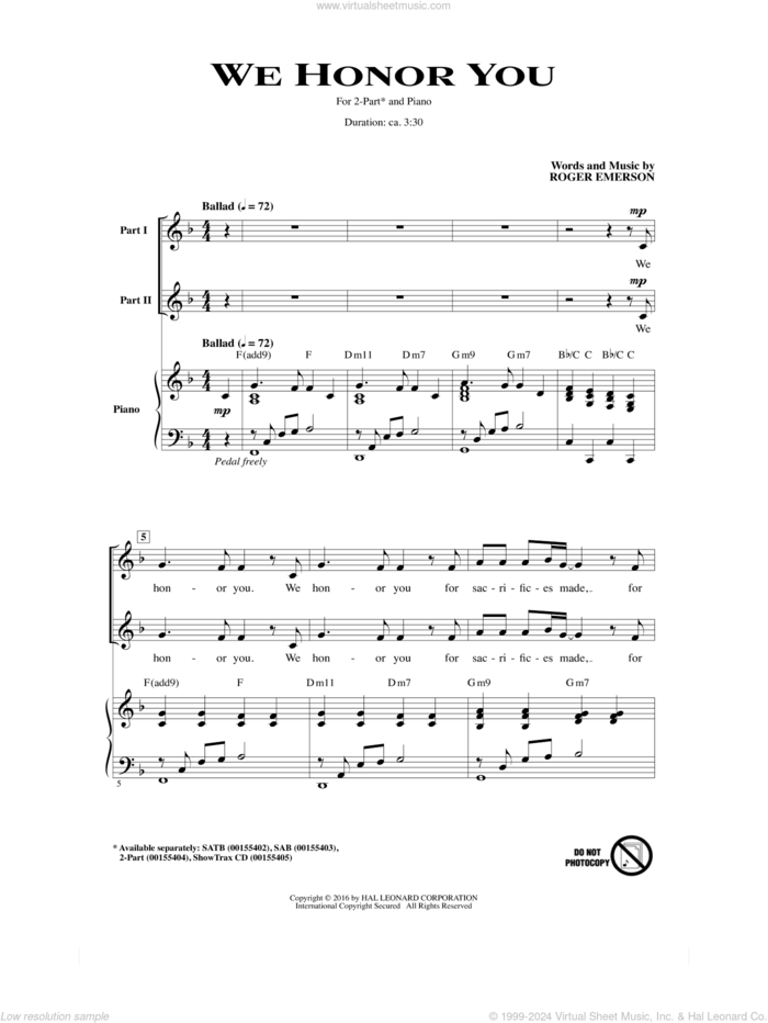 We Honor You sheet music for choir (2-Part) by Roger Emerson, intermediate duet