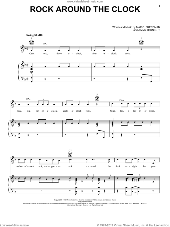 Rock Around The Clock sheet music for voice, piano or guitar by Bill Haley & His Comets, Bill Haley, Jimmy DeKnight and Max C. Freedman, intermediate skill level