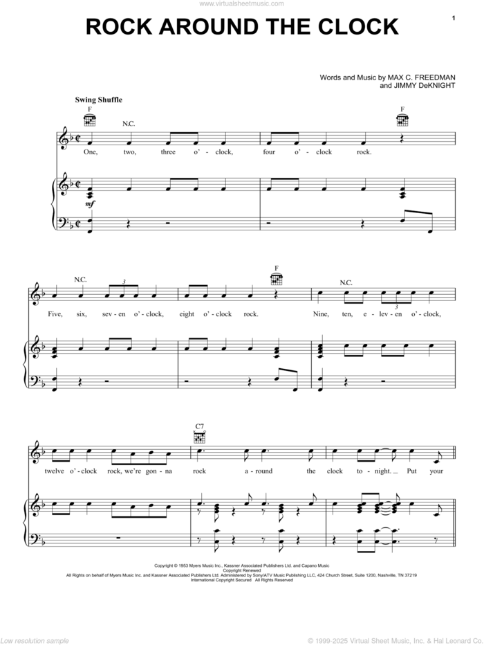 Rock Around The Clock sheet music for voice, piano or guitar by Bill Haley & His Comets, Bill Haley, Jimmy DeKnight and Max C. Freedman, intermediate skill level