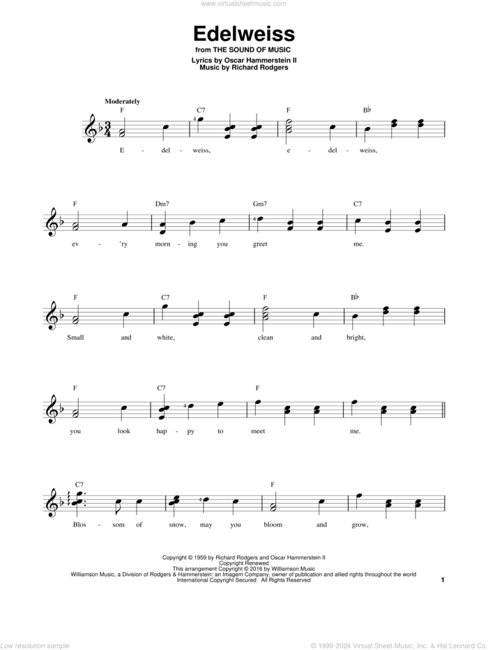 Edelweiss sheet music for guitar solo (chords) by Rodgers & Hammerstein, Oscar II Hammerstein and Richard Rodgers, easy guitar (chords)