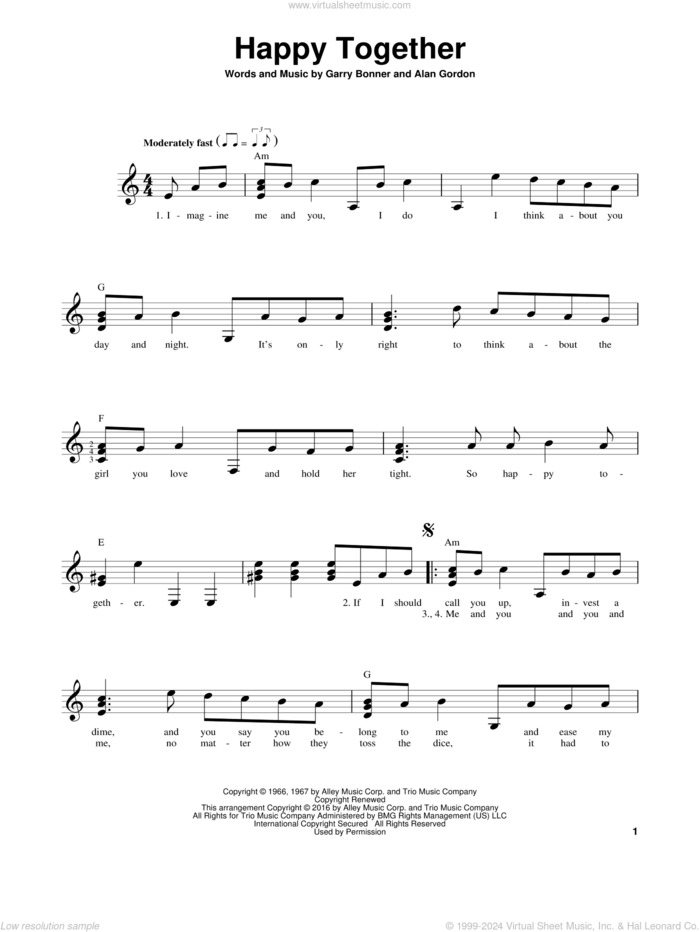 Happy Together sheet music for guitar solo (chords) by The Turtles, Alan Gordon and Garry Bonner, easy guitar (chords)