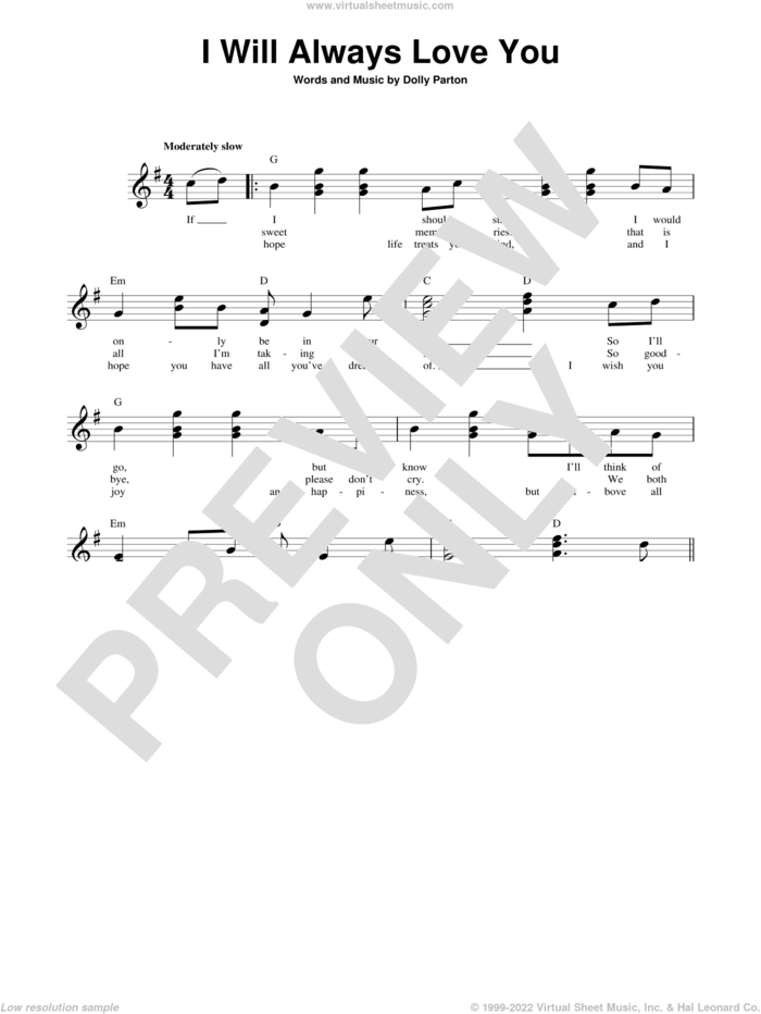I Will Always Love You sheet music for guitar solo (chords) by Whitney Houston and Dolly Parton, wedding score, easy guitar (chords)