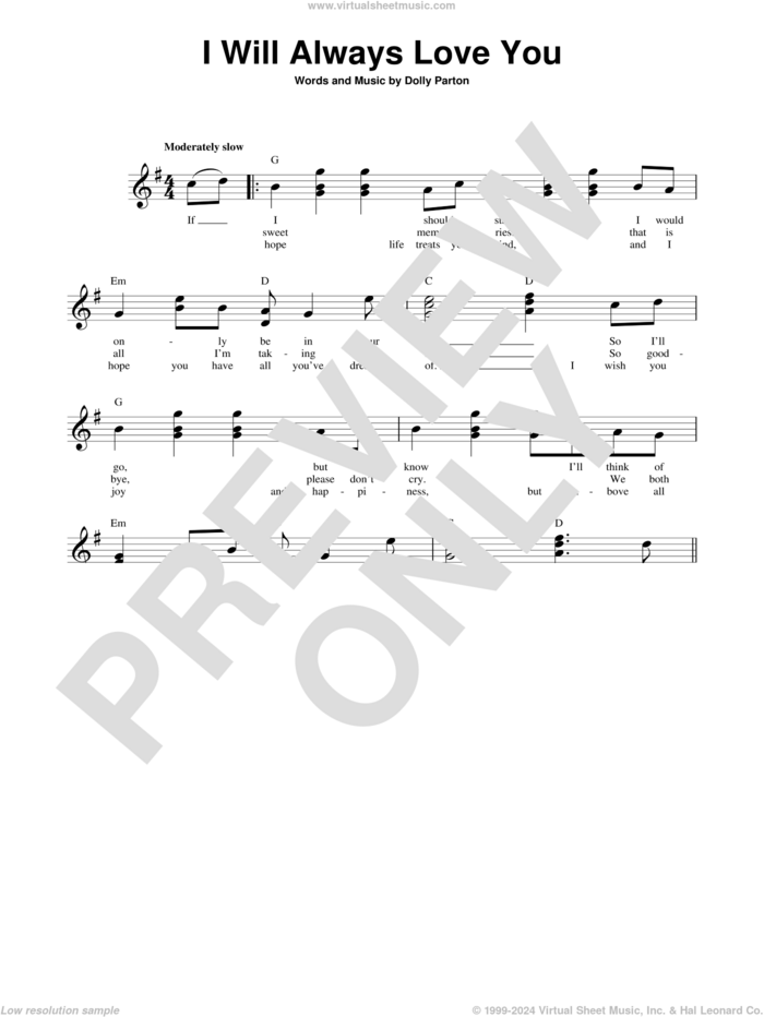 I Will Always Love You sheet music for guitar solo (chords) by Whitney Houston and Dolly Parton, wedding score, easy guitar (chords)