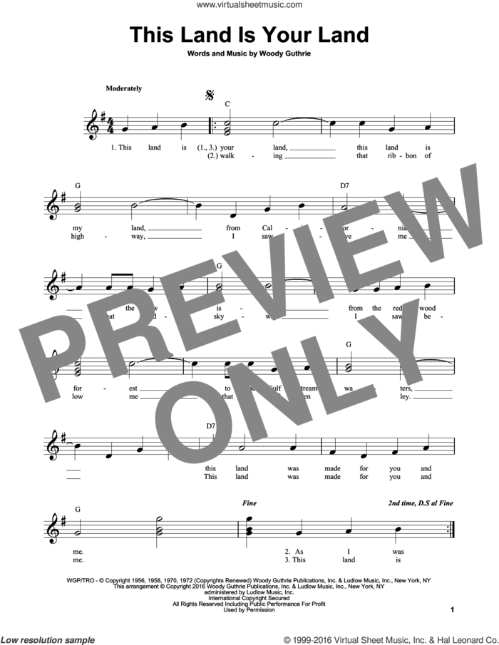 This Land Is Your Land sheet music for guitar solo (chords) by Woody Guthrie, easy guitar (chords)