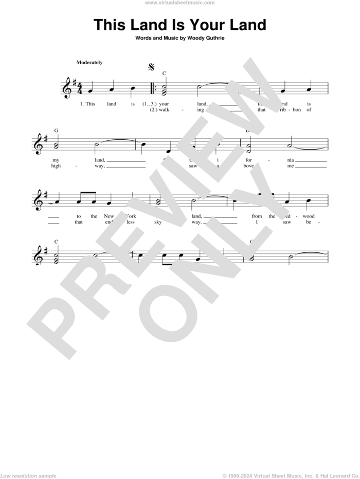 This Land Is Your Land sheet music for guitar solo (chords) by Woody Guthrie, easy guitar (chords)