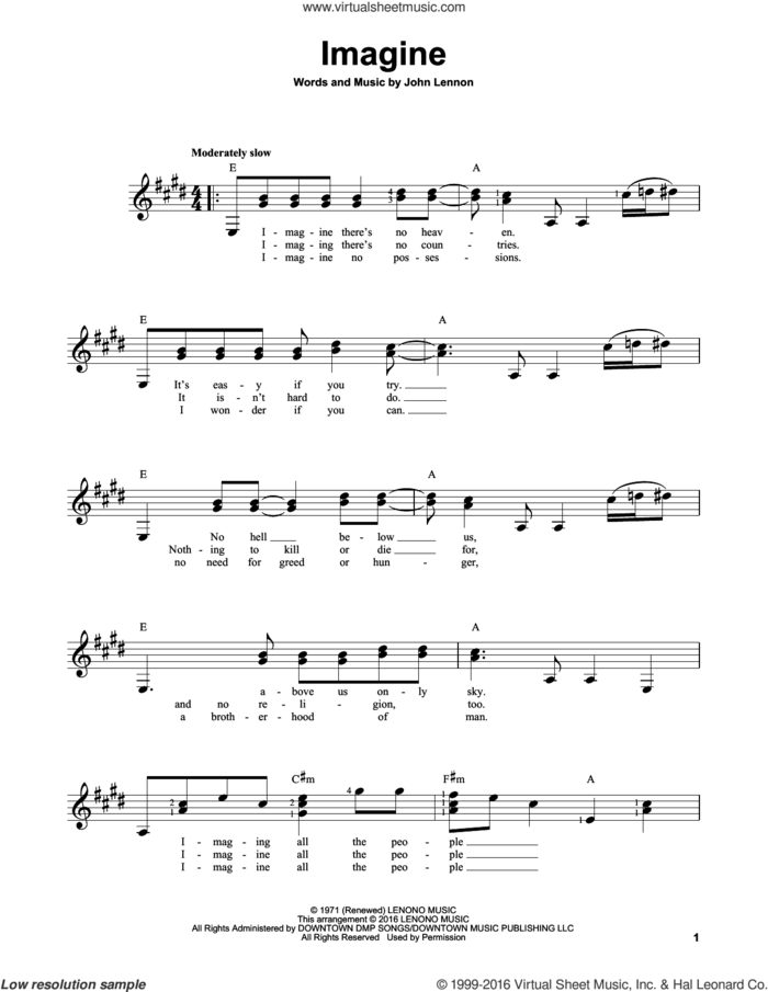 Imagine sheet music for guitar solo (chords) by John Lennon, easy guitar (chords)