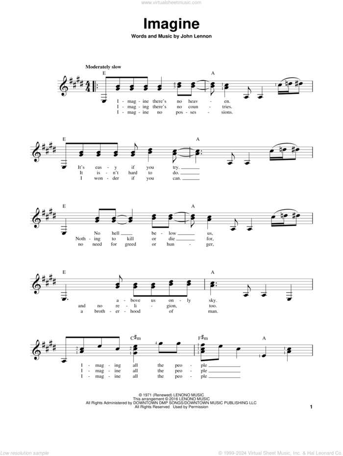 Imagine sheet music for guitar solo (chords) by John Lennon, easy guitar (chords)