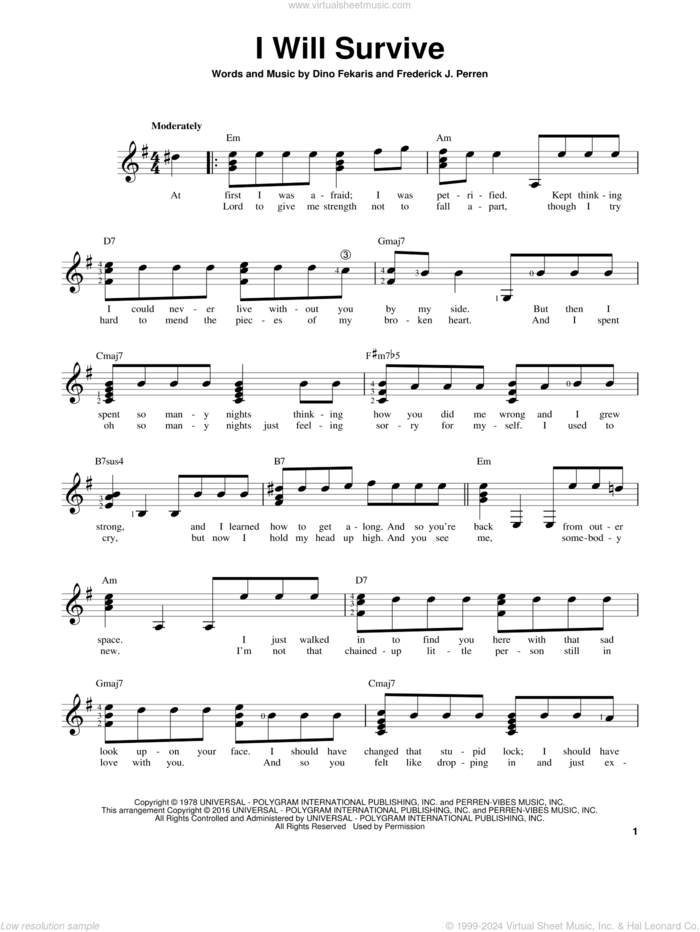 I Will Survive sheet music for guitar solo (chords) by Gloria Gaynor, Chantay Savage, Dino Fekaris and Frederick Perren, easy guitar (chords)