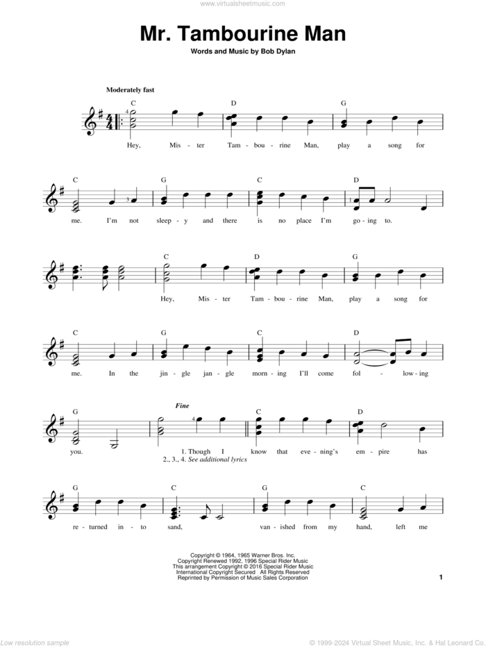 Mr. Tambourine Man sheet music for guitar solo (chords) by Bob Dylan, easy guitar (chords)