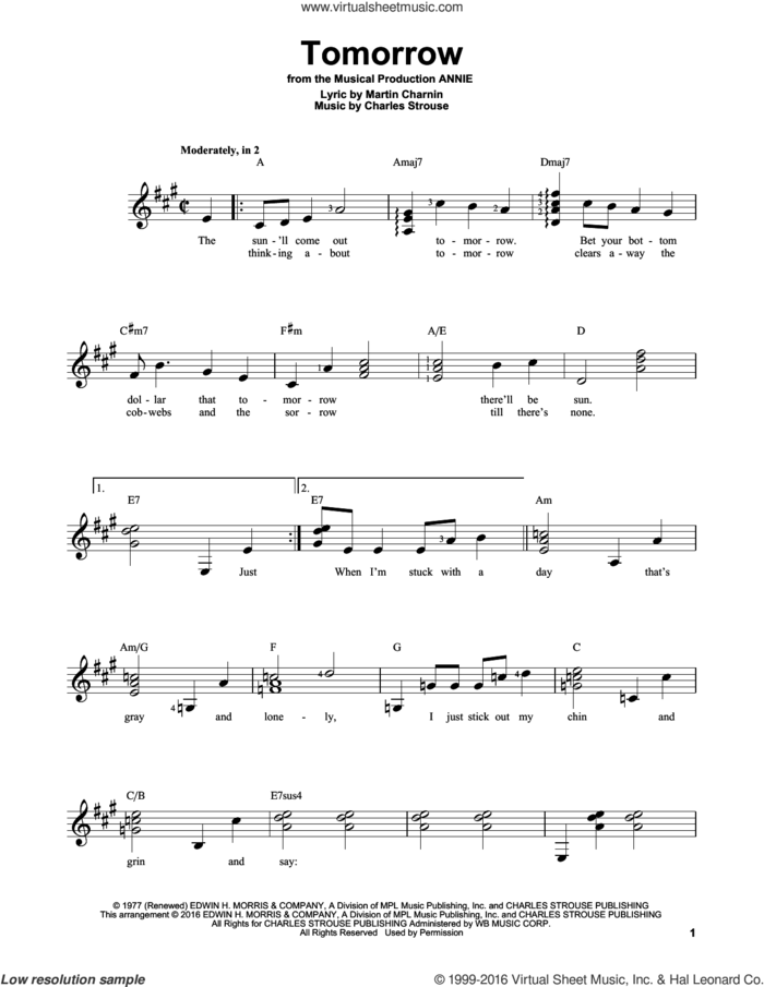 Tomorrow sheet music for guitar solo (chords) by Charles Strouse and Martin Charnin, easy guitar (chords)