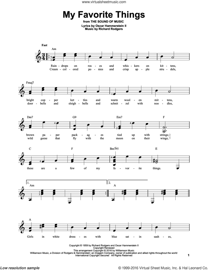 My Favorite Things sheet music for guitar solo (chords) by Rodgers & Hammerstein, Lorrie Morgan, Oscar II Hammerstein and Richard Rodgers, easy guitar (chords)