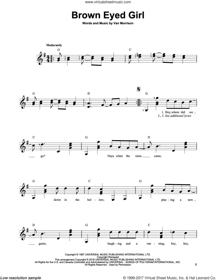 Brown Eyed Girl sheet music for guitar solo (chords) by Van Morrison, easy guitar (chords)
