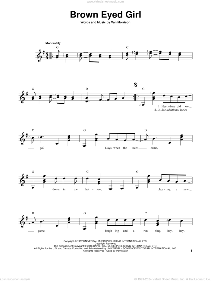 Brown Eyed Girl sheet music for guitar solo (chords) by Van Morrison, easy guitar (chords)