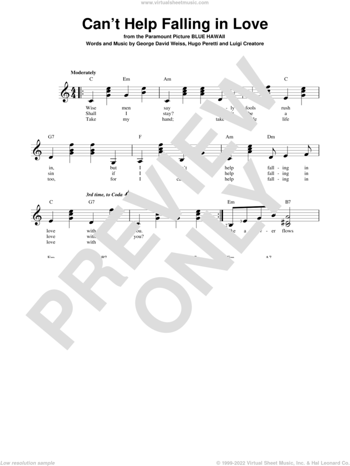 Can't Help Falling In Love sheet music for guitar solo (chords) by Elvis Presley, George David Weiss, Hugo Peretti and Luigi Creatore, wedding score, easy guitar (chords)