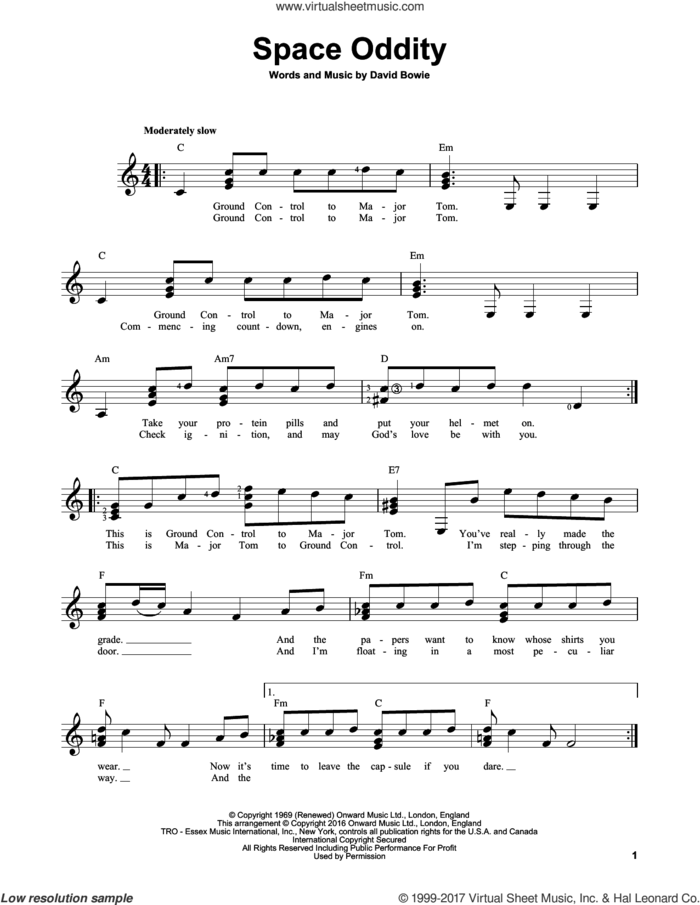 Space Oddity, (easy) sheet music for guitar solo (chords) by David Bowie, easy guitar (chords)