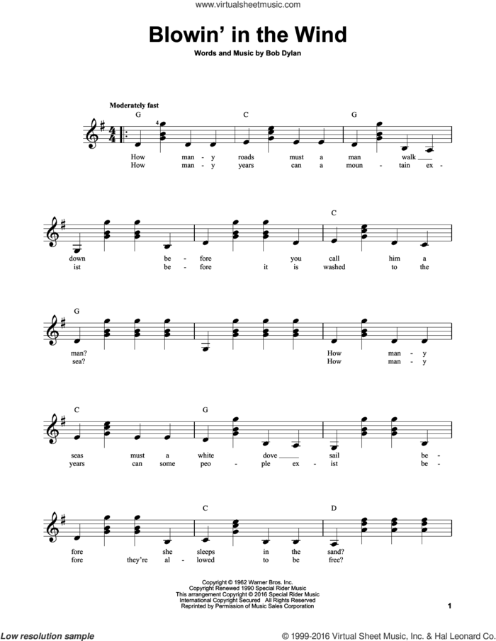 Blowin' In The Wind sheet music for guitar solo (chords) by Bob Dylan and Peter, Paul & Mary, easy guitar (chords)
