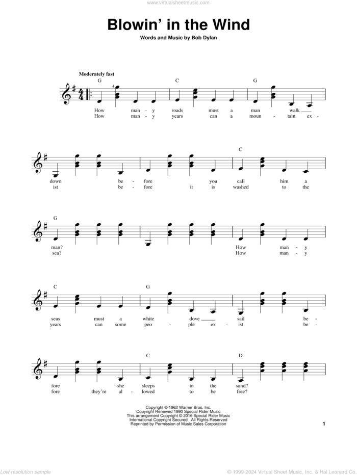 Blowin' In The Wind sheet music for guitar solo (chords) by Bob Dylan and Peter, Paul & Mary, easy guitar (chords)