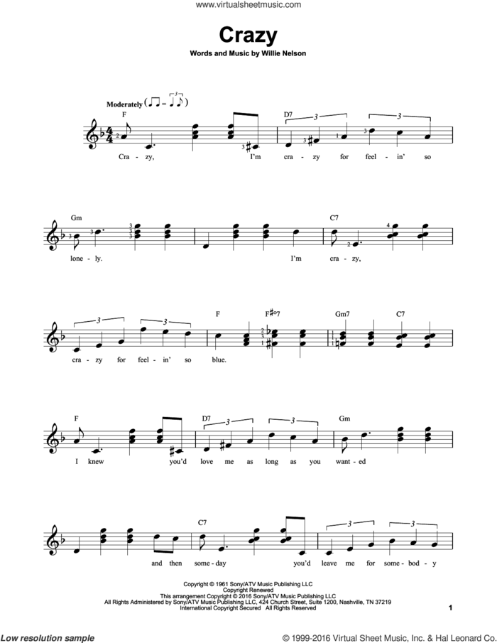 Crazy sheet music for guitar solo (chords) by Willie Nelson and Patsy Cline, easy guitar (chords)