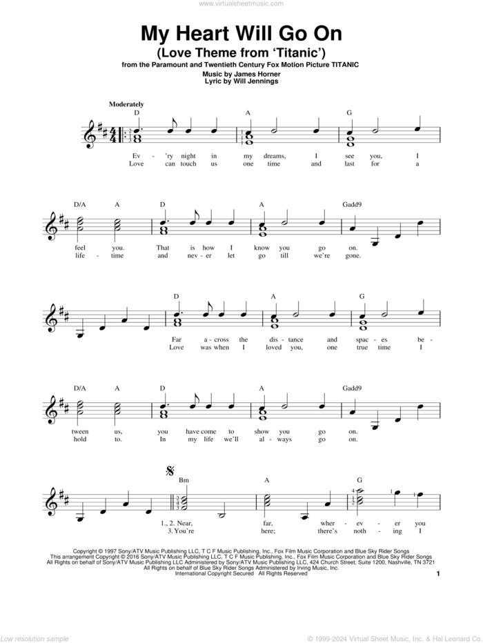 My Heart Will Go On (Love Theme From Titanic) sheet music for guitar solo (chords) by Celine Dion, James Horner and Will Jennings, wedding score, easy guitar (chords)