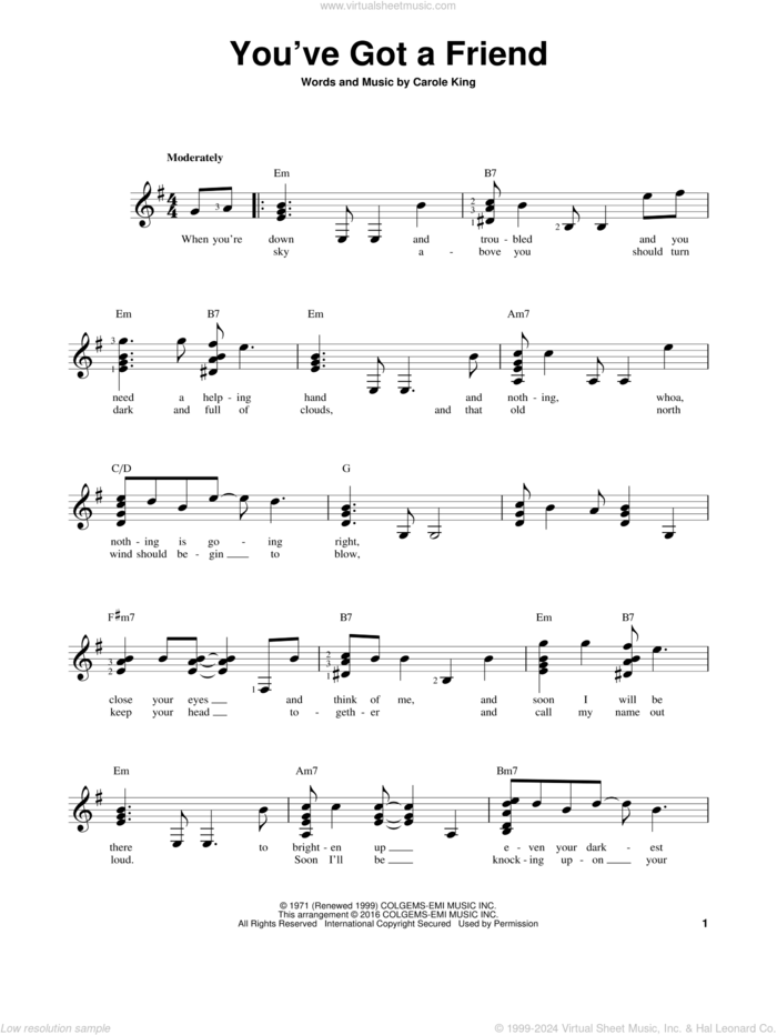 You've Got A Friend sheet music for guitar solo (chords) by James Taylor and Carole King, easy guitar (chords)