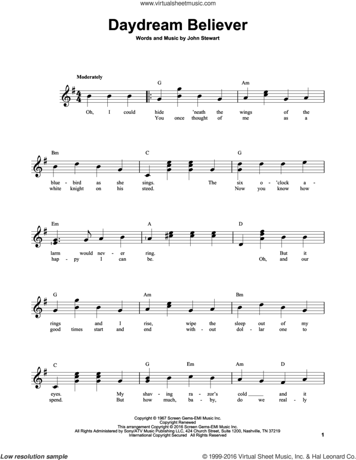 Daydream Believer sheet music for guitar solo (chords) by The Monkees and John Stewart, easy guitar (chords)
