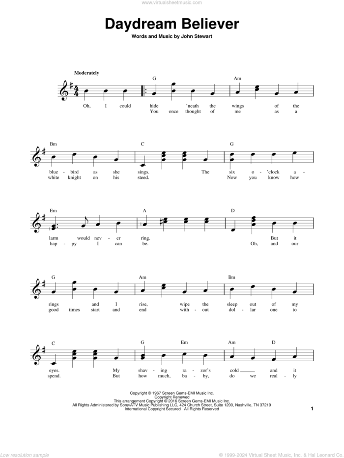 Daydream Believer sheet music for guitar solo (chords) by The Monkees and John Stewart, easy guitar (chords)